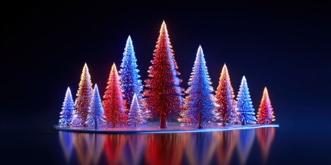 Close-up of tree trunks adorned with warm string lights glowing at dusk in a natural outdoor setting.