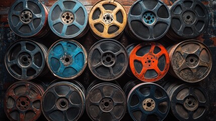 Fototapeta premium A captivating close-up of stacked vintage film reels evokes nostalgia for classic cinema with their worn textures and faded colors hinting at untold stories and forgotten memories