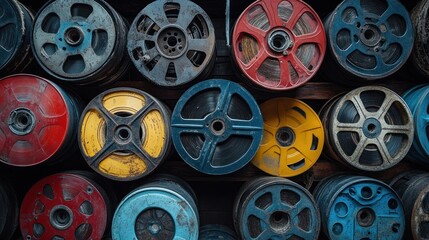 Fototapeta premium An array of aged film reels featuring a captivating color palette and evoking a sense of nostalgia for vintage cinema and the art of analog film production