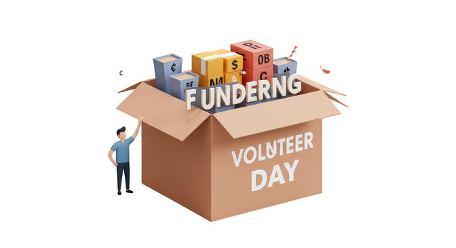 3D Illustration of Fundering Volunteer Day Box with Cardboard Helping Concept