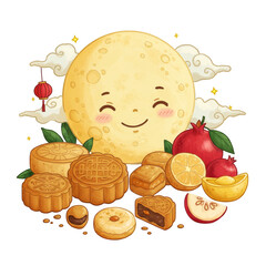 Illustration of Mooncake and Moon with Transparent Background