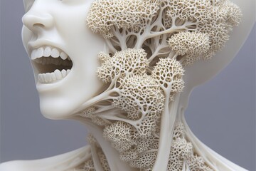 Obraz premium Anatomical sculpture shows abstract, bone-like structures inside the head and neck