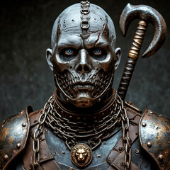 The hero of the gameshooter. An undead warrior in combat gear and with a weapon. Portrait of a monster.