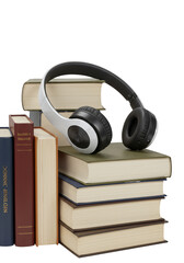 3D Pile of Old Books With Modern Wireless Headphones Listening Audio