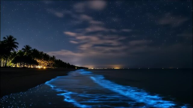 Night beach bioluminescence, waves glowing blue, starry sky, palm trees.
