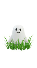 Cute Cartoon Ghost In Green Grass 3D Rendering Illustration Transparent