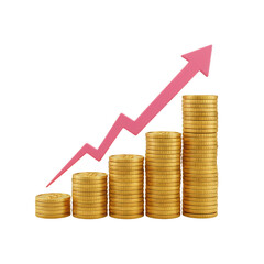 3D Rendered Golden Coins Stack with Pink Arrow Symbolizing Financial Growth