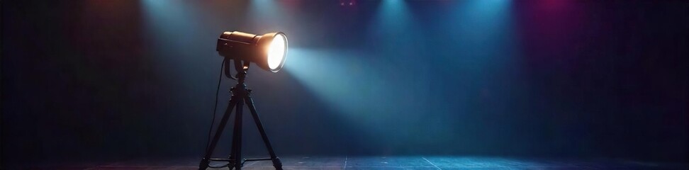 Obraz premium A theatrical spotlight illuminates a dark stage, held in position by sturdy clamps and rigging The beam is bright and focused, ready for the performance to begin , production, focus