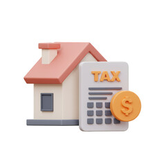 3D Render House Tax with Calculator and Coin Isolated Transparent