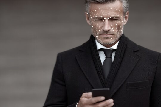 Confident businessman using smartphone with futuristic facial data overlay showcasing modern technology urban style and polished sophistication for digital identity expression