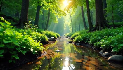 Obraz premium Serene, shallow brook meandering through a lush green forest, sunlight dappling the water's surface Perfect for nature, tranquility, and environmental themes , environment, calm