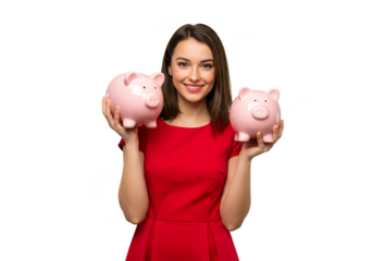 Cutout Of Woman Holding Pink Piggy Banks on Transparent Background