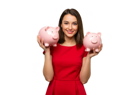 Cutout Of Woman Holding Pink Piggy Banks on Transparent Background - Powered by Adobe