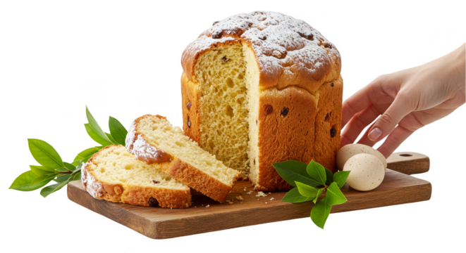 Cutout Easter Cake with Powdered Sugar and Eggs on Wooden Board - Powered by Adobe