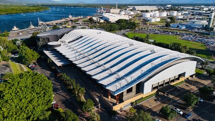 Cairns Convention Centre, Queensland: Aerial Photo of Iconic Architecture, Urban Landscape, Waterfront, and City Infrastructure in Tropical North Queensland, Australia © Thomas