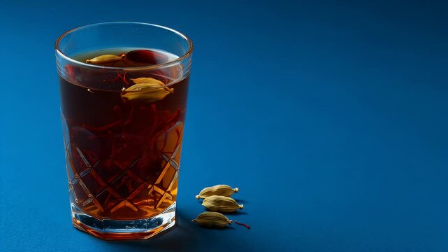 Cardamom tea in glass on blue background