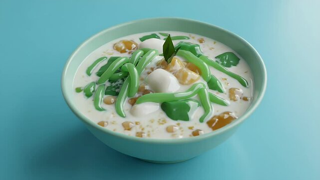 Cendol dessert in bowl rotating slowly