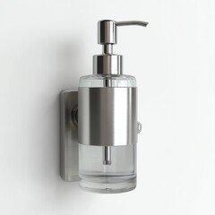 Obraz premium 3D realistic render of a wall-mounted soap dispenser, brushed metal, clean white background