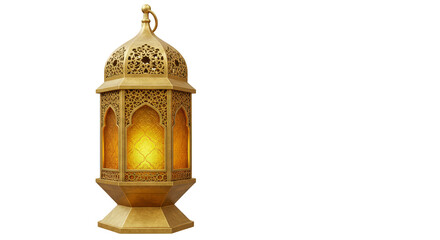 Illustration Ornate Golden Ramadan Lantern with Glowing Light on Transparent