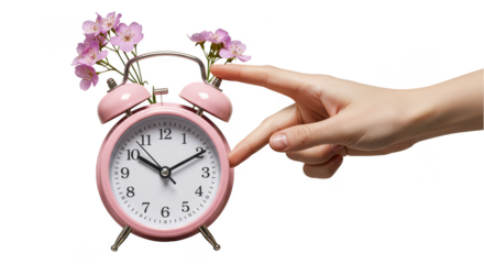 Illustration Pink Alarm Clock with Floral Decoration and Touching Hand
