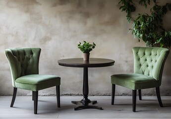 Two sage green velvet chairs around a dark wooden table.