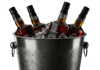 Four Whiskey Bottles Chilled in Silver Ice Bucket Transparent Background