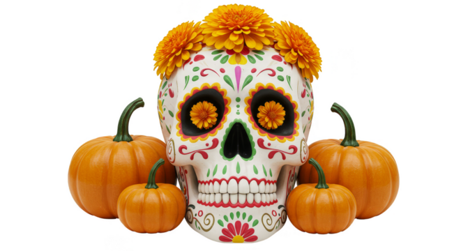 Illustration Skull with Marigold Flowers and Pumpkins Transparent Background