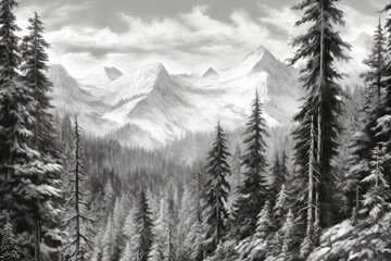Fototapeta premium Monochrome Landscape of Snowy Mountains and Dense Forest with Mist