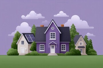Fototapeta premium A charming neighborhood scene featuring three distinct houses with solar panels surrounded by lush greenery under softly colored clouds creating an inviting suburban atmosphere