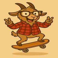 A happy cartoon goat wearing thick black glasses and a red flannel shirt, riding a skateboard mid-air with a fun and stylish vibe. The background is plain, keeping the focus on the energetic action. © bima