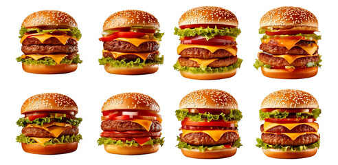 Mouthwatering Selection of Classic Cheeseburgers with Fresh Toppings, Isolated on Transparent, white background