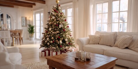 Decorated Christmas tree in a cozy living room with white couch and wooden coffee table, daytime setting.