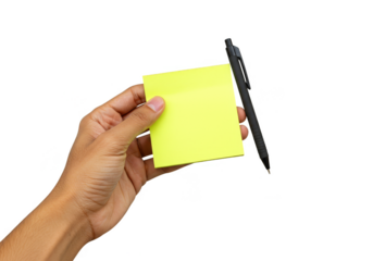 Hand Holding Yellow Sticky Note with Black Pen in Transparent Background
