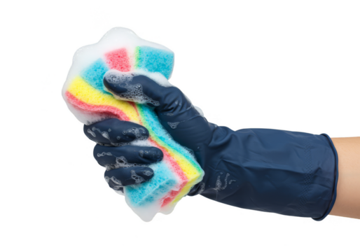 Hand in Glove Holding Colorful Soapy Sponge for Cleaning Transparent