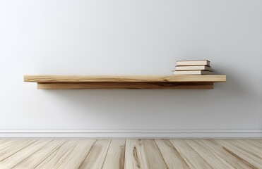 Floating wooden shelf with books.