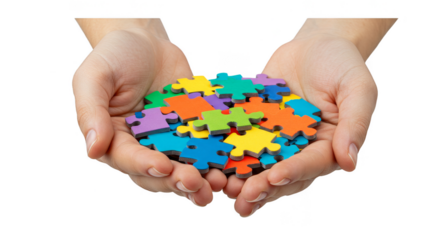 Hands Holding Colorful Puzzle Pieces with Transparent Background