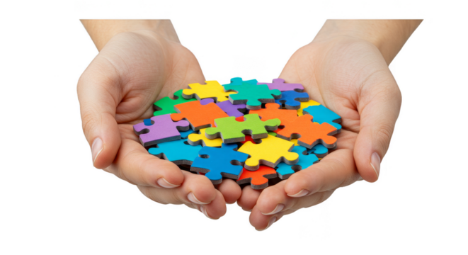 Hands Holding Colorful Puzzle Pieces with Transparent Background