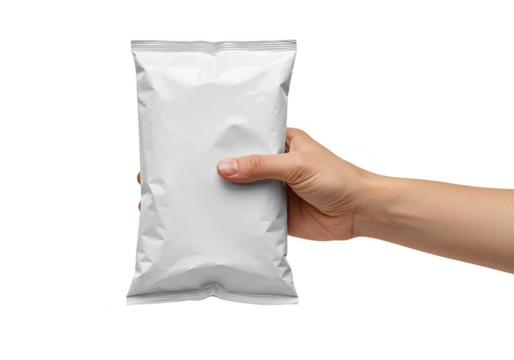 Holding White Foil Snack Package Mockup in Transparent Background