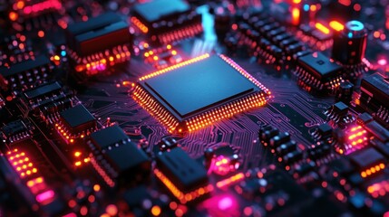 Obraz premium a luminous computer circuit board illuminated with intricate details showcasing complex engineering and the vibrant glow of technological advancement in a captivating visual spectacle