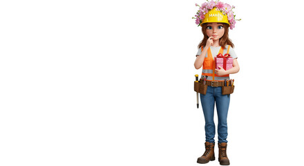 Cute Cheerful Construction Worker with Safety Helmet Holding Valentine Present Illustration on Transparent Background