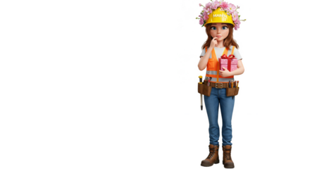 Cute Cheerful Construction Worker with Safety Helmet Holding Valentine Present Illustration on Transparent Background