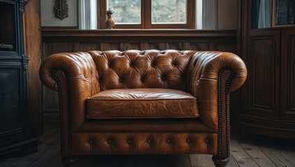 Obraz premium elegant and inviting interior scene featuring a plush brown leather chesterfield armchair bathed in natural light showcasing comfort and sophistication in home decor photography