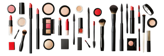 Arrange of Various Cosmetology Products for Makeup Enthusiasts, Isolated on Transparent, white background
