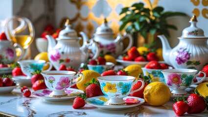 Fototapeta premium Elegant tea party with strawberries and lemons