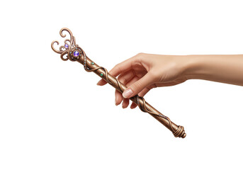 Female Hand Holding Ornate Golden Magic Wand on Transparent Background