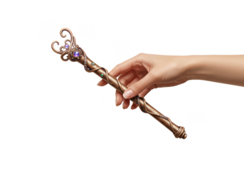 Female Hand Holding Ornate Golden Magic Wand on Transparent Background