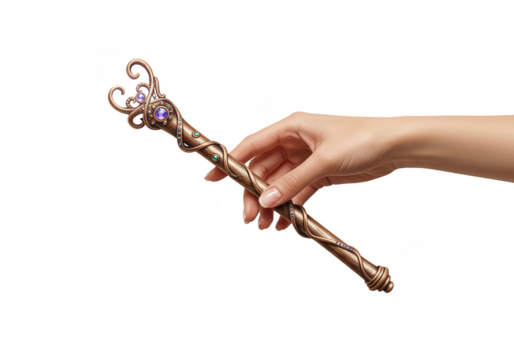Female Hand Holding Ornate Golden Magic Wand on Transparent Background