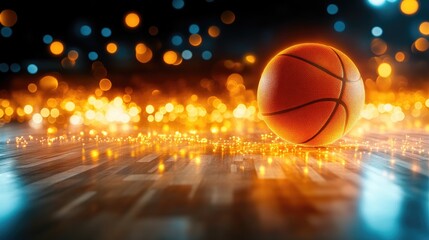 Fototapeta premium Basketball with bright bokeh lights on a digital floor