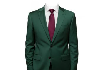 Formal Dark Green Suit with Burgundy Tie Isolated on Transparent Background