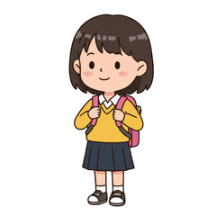 Illustration of Smiling Schoolgirl in Uniform with Backpack Isolated